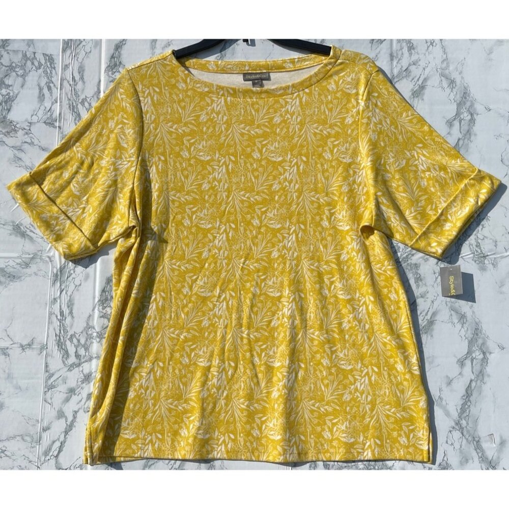 Style & Co Womens Dainty Golden Floral Print Essential Elbow Sleeve Tee 3X